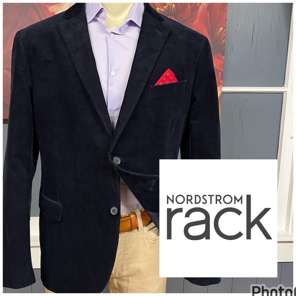 Nordstrom Rack Corduroy Blazer Jacket Mens 46R Trim Fit Cotton Stretch Dark Navy
